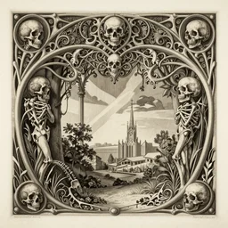 detailed realistic memento mori etching by cameron gray and victor horta, gothic ornament, skulls, bones, art nouveau, neogothic, ornate art nouveau botanicals, horizontal symmetry
