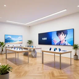 pbr materials ( ( ( minimalist neon flagship samsung store, white walls. oak parquet floor. hanging lights. geometric furniture, large digital screens. display tables with phones and tablets, potted plants ) ) ) concept art, john berkey, makoto shinkai, yoji shinkawa, artstation, 4 k