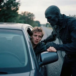 35mm photo of a man being abducted from his car by transdimensional entities