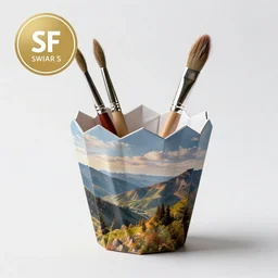 origami-style paintbrush cup, commercial catalog photo, isolated on a pure white background, centered, entire object in frame, sharp focus, soft studio lighting