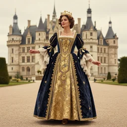 full body portrait photo of women like reol from a distance wearing ornate royal clothing posing in front of the castle in the distance, realistic, dynamic perspective pose, skin tinted a warm tone, hdr, rounded eyes, detailed facial features, blue black gold, alphonse mucha
