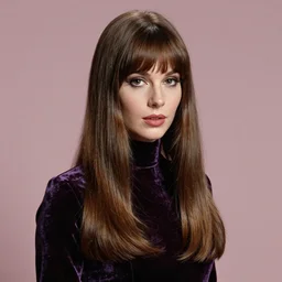 portrait 1 9 6 0 s beautiful mod girl, long straight 6 0 s hair with bangs, wearing velvet, vampire, glam, groovy, by brom