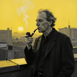 karl jung smoking a pipe on rooftop. sunrise city background. yellow and black colors expressive matte painting.