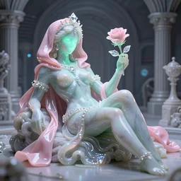 photo of fullbody rococo and cyberpunk delicate neon crystalline sculpture of beautiful curvy onyx albino marble goddess as mint iridescent humanoid deity wearing pink plastic hooded cloak holding an onyx rose in an onyx space dungeon, reclining, glowing neon green face, crown of white diamonds, cinematic lighting, photorealistic, octane render 8 k depth of field 3 d