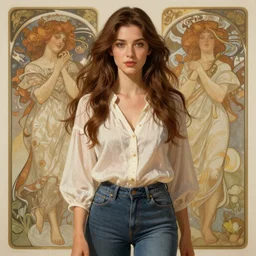a gorgeious woman with long brown hair wearing a blouse and jeans, highly detailed, digital painting, artstation, concept art, smooth, sharp focus, illustration, art by artgerm and alphonse mucha