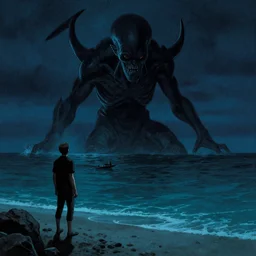 Cthulhu emerging from the water while a man stands on the shore watching at night by Marc Simonetti