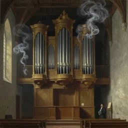 interior, pipe organ, fantasy, 19th century, ghostly smoke, highly detailed, Artstation, oil on canvas painting by caravaggio and alan lee and john howe