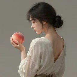 Beautiful clothed woman holding a peach, seen from the rear, detailed digital art by WLOP and Artgerm