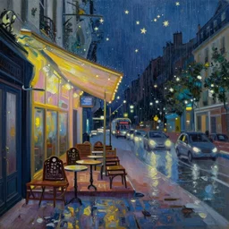 beautiful oil painting, mysterious world in Paris Cafe among the rain and stars, painted by Dan Mumford, Alexander Jansson,thomas kinkade, colorful,4k unreal engine game,Trending on artstation