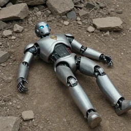 A robotic superhero lying atop a field of rubble, movie still, 2016