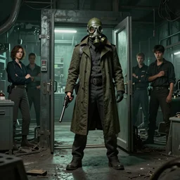 UHD hyperrealistic photorealistic detailed image of a man in a longcoat, wearing a GP-5 gas mask, wielding an pistol, from the Stalker video game series standing in front of an laboratory door, in a ruined and dark underground lab with a green undertone by Ayami Kojima Amano Karol Bak, Greg Hildebrandt and Mark Brooks