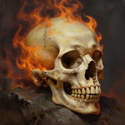 fiery skull contemplating life, gracked, detailed, painted by raymond swanland