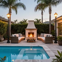 Backyard with a pool, palm trees and patio with a fireplace in the middle of the sofas, big beautiful street lamps