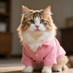 fluffy calico cat with a pink suit on, cinematic look, god lighting, 4 k majestic looking