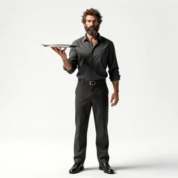 grizzled waiter with serving tray, high detail digital art, full body, standing, isolated on a pure white background, centered, whole figure in frame, sharp focus, studio lighting