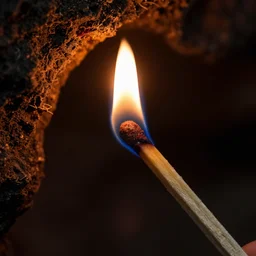 closeup studio photograph of a lit match in a dark cave, dramatic lighting, edited in photoshop
