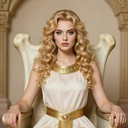 bust portrait of girl sitting on bones throne, persian empire costume, blonde, curly hair, clean face, provocative make up, symmetrical face, smooth skin, jewelry,, ecstasy, cute, fashion editorial photography, realistic, hyper detailed, hyper detailed face, from vogue magazine, ultra realistic, reflections, color scheme teal and orange