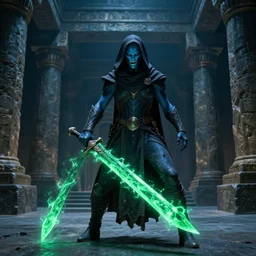 vfx film, photorealistic render, soul reaver, raziel irl, price of persia movie, missing jaw, hero pose, devouring souls, magic, scarf, hood, glowing green soul blade, in epic ancient huge underground temple, dark blue skin, stonehenge, flat color profile low - key lighting award winning photography arri alexa cinematography, hyper real photorealistic cinematic, atmospheric cool colorgrade