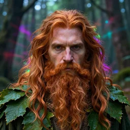 masterpiece portrait of old forest man with long auburn hair and beard, kind eyes, wearing a leaf cloak, hyper realistic face, volumetric lighting, fantasy art, psychedelic, in the style of greg rutkowski, donato giancola, tom bagshaw, intricate, hyper detailed, smooth, vibrant aura