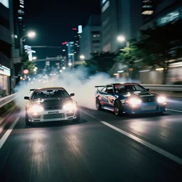 photo of two racing cars racing each other at night driving fast through a city, cinematic, 4k, long exposure photography, tokyo drift, fast and furious, film still, night photography, motion blur, lens flare, movie shot, analog camera