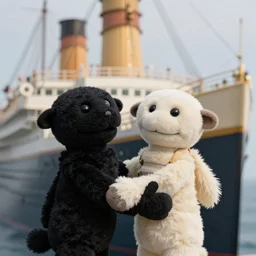a black sock puppet and a white sock puppet hold each other while overlooking the bow of the titanic, photo, detailed, 4k