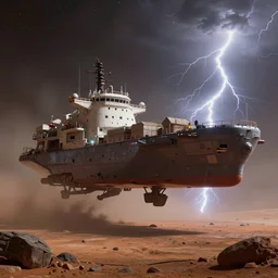 a cinematic picture of cyberpunk cargo ship landing in a starport on mars, fog and lightnings, ridley scott and zack snyder, 8 k, hd, high resolution, 8 5 mm, f / 1. 8