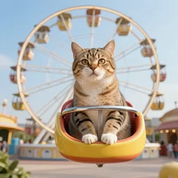 !!! cat!!!, ( ferris wheel ), feline, sitting, riding, funny, award winning photo, realistic,