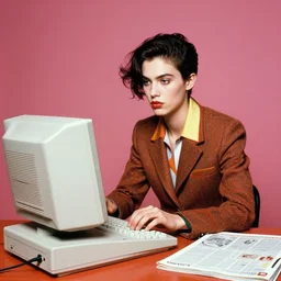 extremely detailed studio portrait of a fashion model working on a vintage computer. surreal photograph, lo - fi, polished look, solid background, silly and serious, hermes ad, fashion photography, toiletpaper magazine by pierpaolo ferrari and maurizio cattelan, 3 5 mm photograph, colourful, david lachapelle, canon eos c 3 0 0, 8 k, medium - format - print