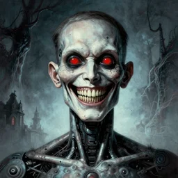 portrait of a grinning cyborg, low angle, menacing teeth, by zdzislaw beksinski, by dariusz zawadzki, by john jude palencar, gothic, surrealism, cosmic horror, lovecraftian, cold hue's, complementary colours, concept art, beautiful composition