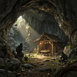 An epic fantasy anime style landscape painting of a thieves den hidden inside a cavern, unreal 5, DAZ, hyperrealistic, octane render, dynamic lighting
