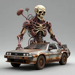 Techno-biological rusty delorean consisting of tumors, veins, bones, kidneys, wires. Biopunk, body-horror, high detail, photorealism, full length view, very rust, concept art, octane render, 16k, 8k