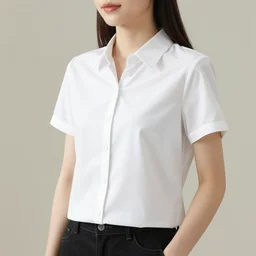 an female wearing a white blouse with short sleeves