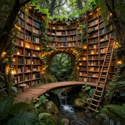 professional digital art of a hidden library in a forest with wooden bridges, cozy, fairy lights, nature, plants, vines, bridges, ladders, trickling water, stones, fantasy, high quality, hd, 4 k, 8 k