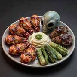, alien food on plate, octane render, photorealism, highly detailed, hdr, 8 k, complex 3 d render, hyper detailed, ultra sharp ar 1 6 : 9 - n 9