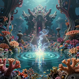 breathtakingly detailed art nouveau ultrawide angle photo, alien ocean coral structures, closeup a humans energy field emitting bright glowing ripples, bizarre overgrown alien temple in background, vivid caustics, symmetry, very low angle shot, smoke rises from the coral reflections, by studio ghibli, peter mohrbacher, fenghua zhong, ruan jia