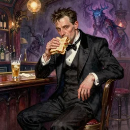 matte painting character illustration of john constantine sitting down on a barstool at a dive bar in london eating a sandwich, digital painting, illustration, constantine, john singer sargent, amazing values, 8 k, magical creatures in the background, watercolor texture, gothic, octane render