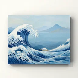 a painting of waves in the ocean with mountains in the background, canvas, acrylic paint, by utagawa hiroshige, pixiv, ukiyo e