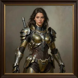 a professionally painting of an attractive young girl, partially clothed in sci-fi military armor, olive skin, long dark hair, beautiful bone structure, perfectly proportioned, symmetrical facial features, intricate, elegant, heroic pose, digital painting, concept art, smooth, sharp focus, finely detailed, beautifully framed, from Metal Gear, in the style of Greg Rutkowski and William-Adolphe Bouguerea, trending on Artstation, award winning