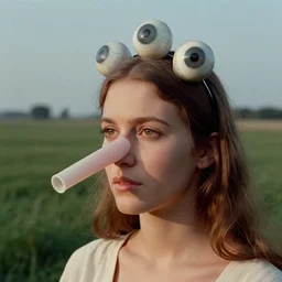 beautiful woman with a long plasticine nose, wearing eyeballs on her head, in the countryside 1974 arthouse film, archival footage, technicolor film expired film