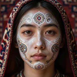 close up portrait of a warrior with a Persian carpet painted symmetrical face, depth of field, intricate, delicate, by Jonas Jensen, Magnum photos