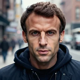 closeup portrait of emmanuel macron as a thief in a smoky new york back street, natural light, sharp, detailed face, magazine, press, photo, steve mccurry, david lazar, canon, nikon, focus