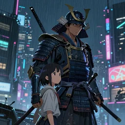 illustration of a samurai with his daughter, rainy night, neon glow concept art, sharp focus, city background, intricate, digital painting cyberpunk 2077, scifi, octane render, art by Artgerm, Makoto Shinkai, Ilya Kuvshinov, Lois Van Baarle and Rossdraws wallpaper, highly detailed, anime key visual, cold colors, epic landscape, HD digital art, artstation