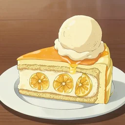 manga illustration of a Banana orange cake with vanilla icecream, manga, Studio Ghibli masterpiece
