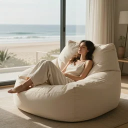 ! dream woman in a giant oversized cream - colored lovesac beanbag chair inside an apartment with a view of the beach : : photorealistic, cinematic, volumetric lighting