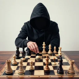 hooded figure playing on a chessboard of the mind, symmetry, by randy bishop and josan gonzales , digital art, highly detailed, vibrant desaturated color contrast