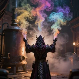A dragon humanoid creature as a wizard seen from the back raises his arms in front of a boiler, colorful fog and smoke emerges from the boiler, 3d render, Trending on artstation , HD quality, dramatic light, octane