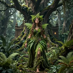 a woman tree druid with fern clothing, fully clothed, two arms, standing in front of a sprawling forest temple, D&D, fantasy, intricate, cinematic lighting, highly detailed, digital painting, artstation, concept art, smooth, sharp focus, illustration, art by Justin Gerard
