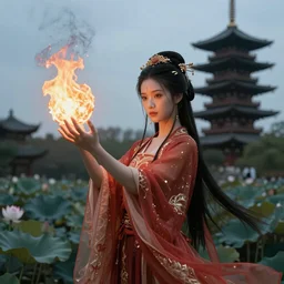 female portrait, hapa sorceress casting a fireball in front of a pagoda, by Ilya Kuvshinov