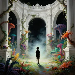 a silhouette of boy exploring a white baroque neoclassicist halls overgrown with colorful alien swamplife. close - up view, detailed textures. glowing fog, dark black background. highly detailed fantasy science fiction painting by moebius, norman rockwell, frank frazetta, and syd mead. rich colors, high contrast