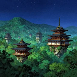 floating oriental temples in the sky over lush forest and mountains, starry sky, artstation, by edmund dulac, thomas kinkade, hiroshi yoshida